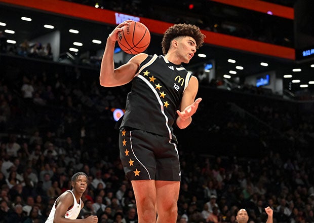 Co-MVP Cameron Boozer collects a rebound during Tuesday night's McDonald's All American Game in Brooklyn. (PHOTO: Dr. Raymond Nanko)