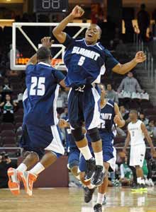 Montigo Alford (5) and Chris Baker enjoy
this high-flying moment.