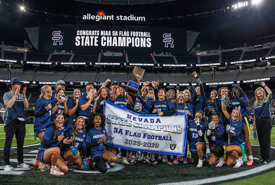 Shadow Ridge celebrated its fourth Nevada state championship on the home field of the Las Vegas Raiders at the conclusion of the winter season. (PHOTO: Jenni Webber)