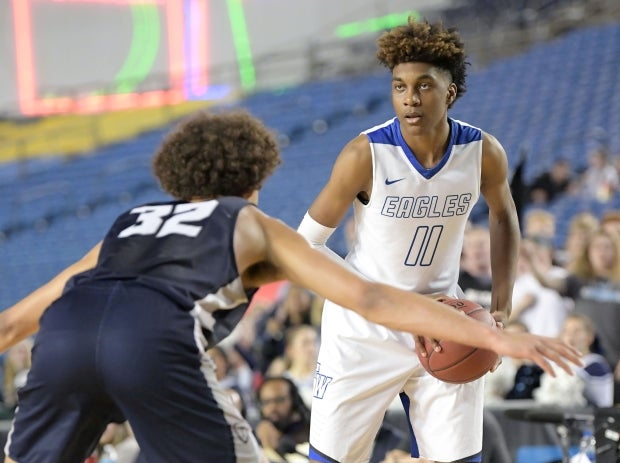 Jaden McDaniels squares up Gonzaga Prep star Anton Watson in Washington's Class 4A state championship game.