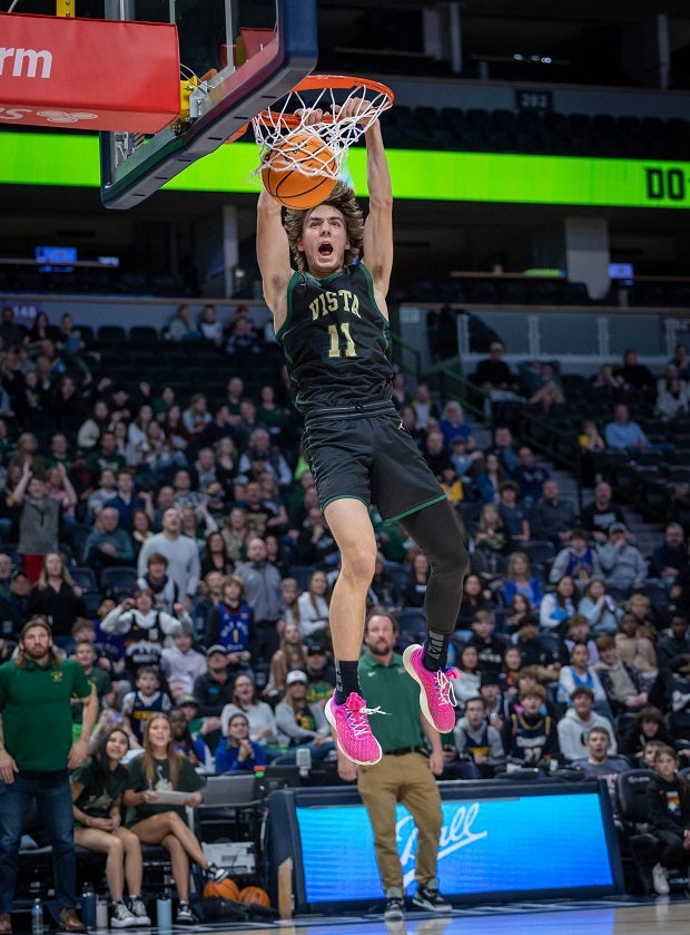 Mountain Vista senior Radek Homer finishes his steal with a two-handed dunk at Ball Arena, home of the Denver Nuggets. (Photo: Tim Bourke)