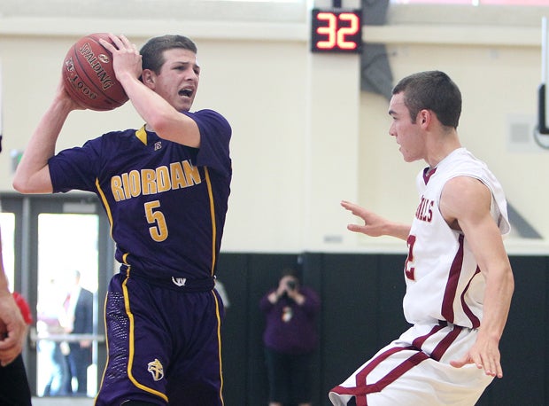 Frankie Ferrari with ball on his Riordan team from last season. On Friday, Ferrari and his Burlingame teammates take on his old team Riordan in a first-round Open Division game at Santa Clara High School.