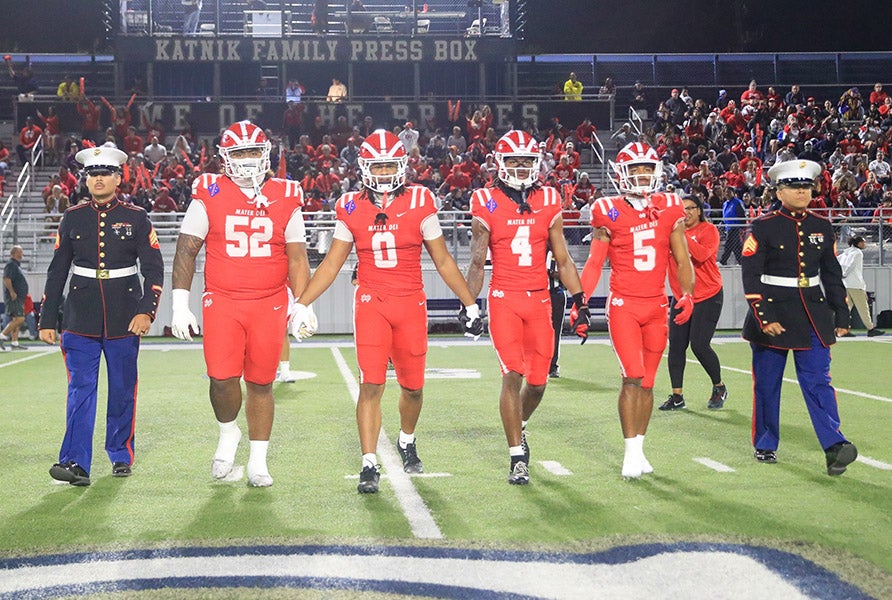 Mater Dei captains take the field for last season's showdown with Trinity League rival St. John Bosco. The national powers will renew acquaintances Oct. 30. (PHOTO: Rene Morales)