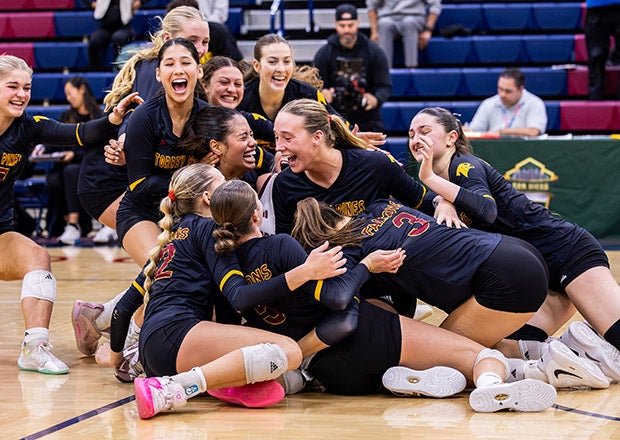 Penn State commit Finley Krystkowiak (center) celebrates with her Torrey Pines teammates after winning the San Diego Section Open Division title Saturday. The Falcons are one of seven teams in the MaxPreps Top 25 in the state Open Division bracket. (PHOTO: Michael Manzano)
