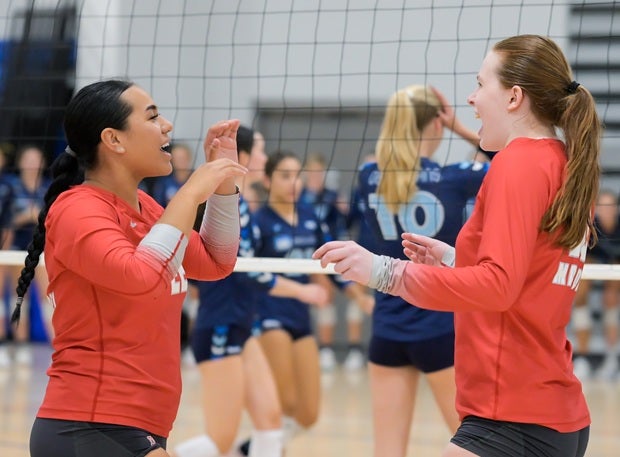 Kalea Lee and Emma Kingston celebrate a point during Mater Dei's 2-0 win over Marymount in the Nike TOC title game. (PHOTO: Darin Sicurello)