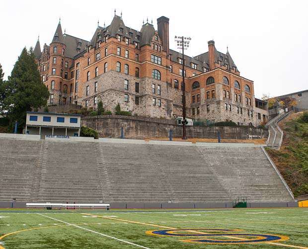 The school's main building - including classrooms - overlook the Stadium Bowl, which was completed in 1910.