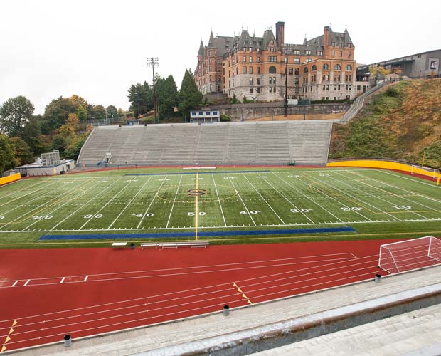 An all-weather track skirts the field, which also hosts soccer games.