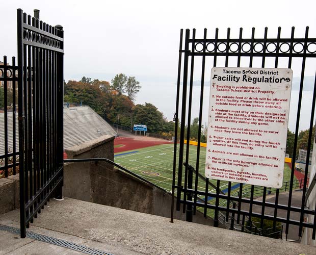 The main entrance to the stadium is from above the hillside.
