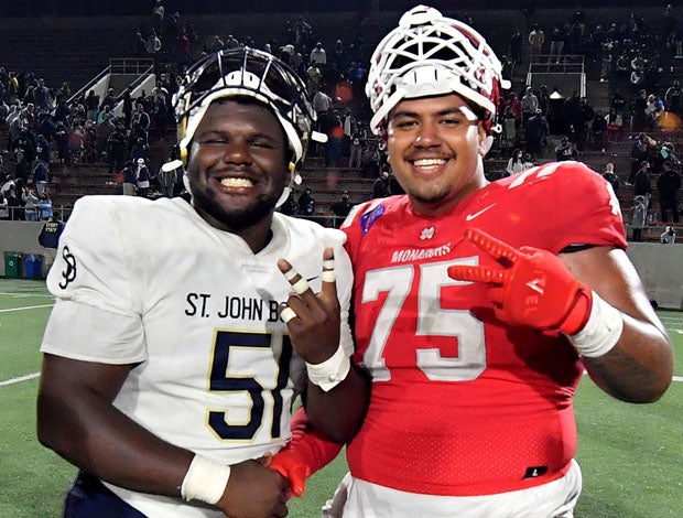 A pair of seniors finished off their high school careers Saturday, St. John Bosco's Edward Riley (51) and Mater Dei's Ross Ulugalu-Maseuli (75).