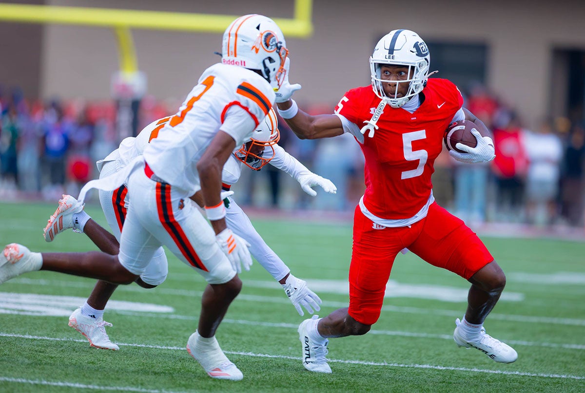 Lee County wide receiver Jaden Upshaw leads the Trojans in touchdowns and receiving yards. The four-star Texas A&M commit had 116 receiving yards in the matchup against Thomas County Central in 2025. (PHOTO: Corey Jones)