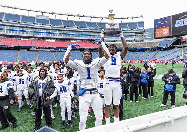Randolph celebrates a victory in the Massachusetts Division 8 state championship game on the home field of the New England Patriots, capping a 12-0 season. The Blue Devils were one of four unbeaten teams in the Bay State and one of 143 nationally. (PHOTO: Brian Kelly)