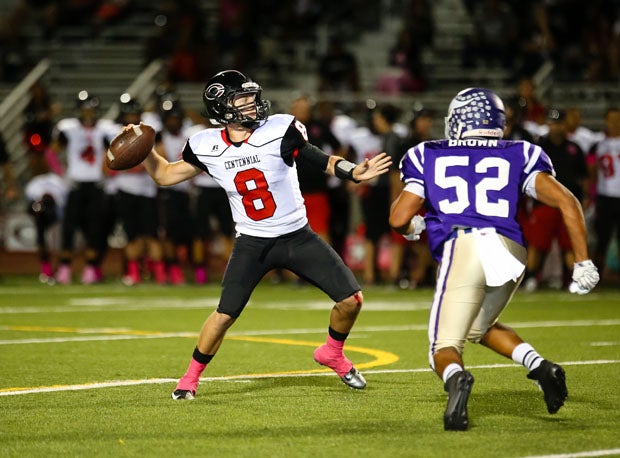 Anthony Catalano split time with Nate Ketteringham but still threw for 178 yards and three scores in Centennial's wild 68-64 Southern Section Pac 5 playoff win over Serra on Friday.