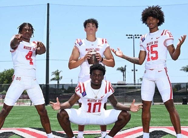 Mater Dei wide receivers Kayden Dixon-Wyatt (4), Marcus Harris (10) and Chris Henry (15) surround senior quarterback Dash Beierly, who looks to replace four-year starter Elijah Brown. (Photo: Heston Quan)