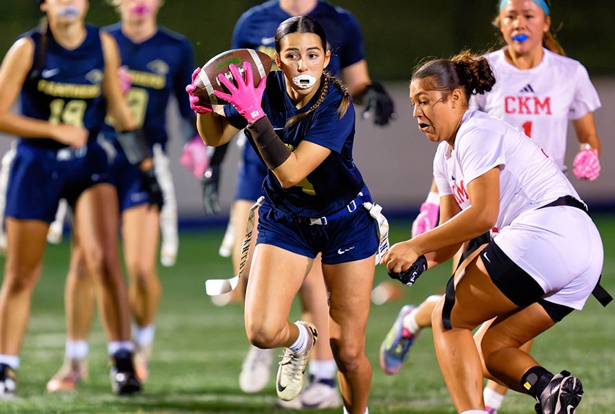 Receiver Annalyse Braden looks to gain yardage during last year's CIF section championship game and will return as one of West Park's top seniors heading into the MaxPreps Flag Football Showdown Sept. 11-12. (PHOTO: Luke Pearson)