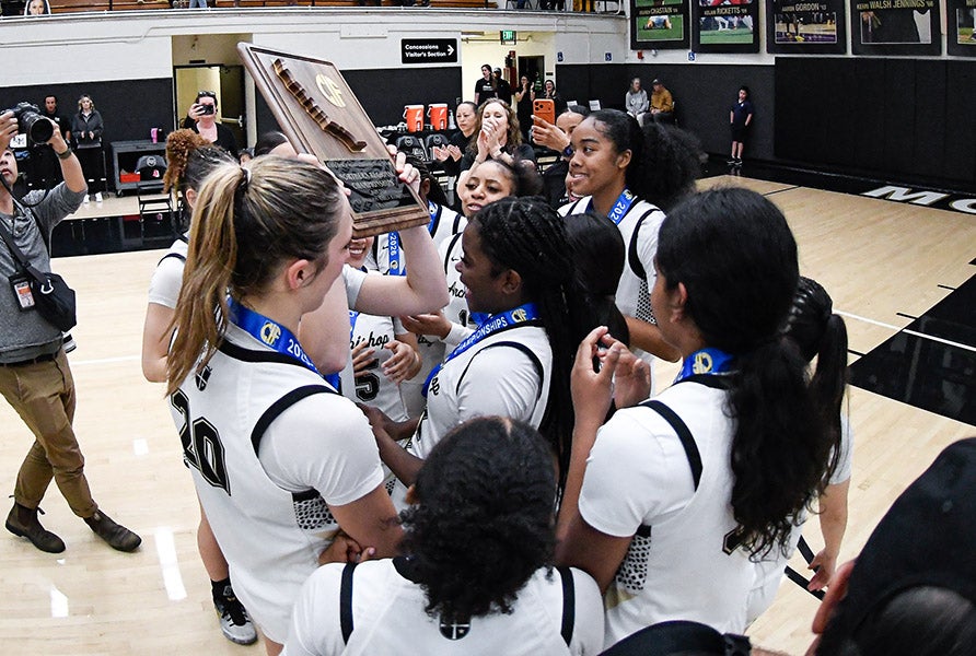Mitty enjoys the fruits of its labor Tuesday night but the Monarchs know the mission won't truly be complete until it hoists the state trophy this weekend in Sacramento. (PHOTO: Sam Stringer)