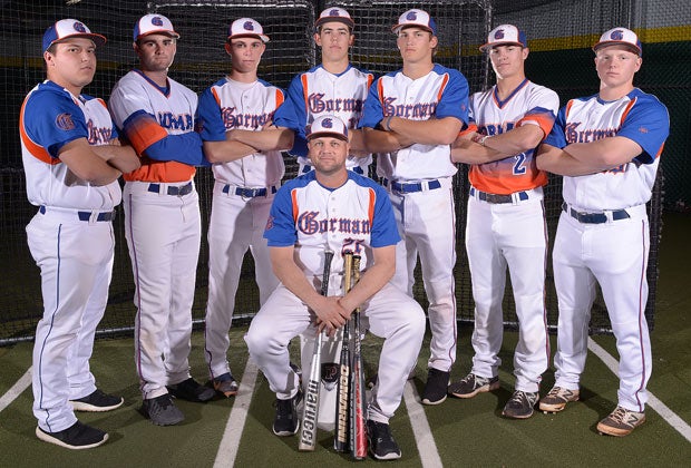 Bishop Gorman head coach Nick Day (front) has a roster loaded with experience and talent as seven players return who started on last year's squad or saw some time in the starting lineup. (Back row left to right): Michael Blasko, Bronson Bowe, Alex Perron, Jack Little, Cole Krzmarzick, Cadyn Grenier and Matt Hudgins.