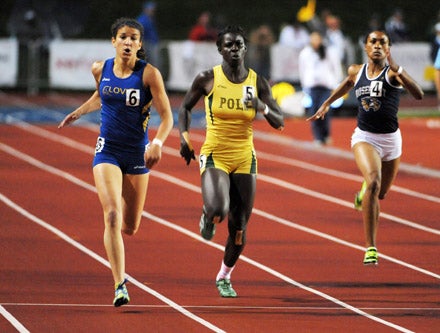 Jenna Prandini (left) beats Akawkaw Ndipagbor to the 200 line, capping a remarkable day and career for Oregon-bound athlete.