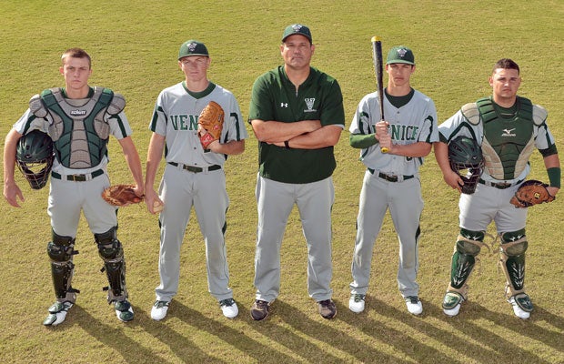 Venice will be vying for a third-straight Florida state championship this season led by (left to right): Ryan Miller, Brandon Elmy, head coach Craig Faulkner, Dalton Guthrie and Michael Rivera.    