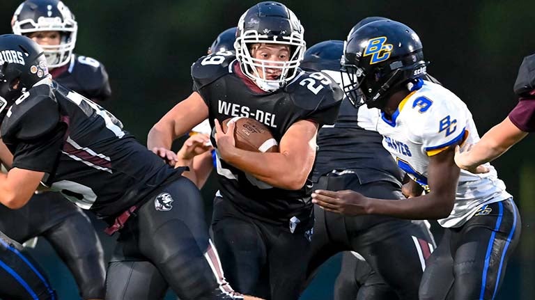 Wes-Del (Ind.) senior running back Brock Nauman ended his career with 3,239 rushing yards and 40 TDs. He had 387 yards and six TDs in a 58-50 Week 6 win over Park Tudor (Ind.) this season. 