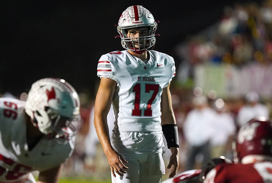 Gunner Rivers has thrown for over 10,000 yards and 111 touchdowns in three seasons at St. Michael Catholic. (PHOTO: Brad Boland)