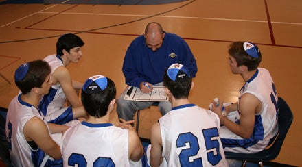 Beren team clockwise from right: Isaac Mirwis, Isaac Buchine, Ahron Guttman, Yair Miller and Zach Yoshor with coach Chris Cole.