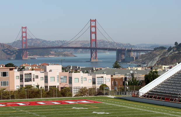 The Washington High School Stadium has a breathtaking view of the Golden Gate Bridge.