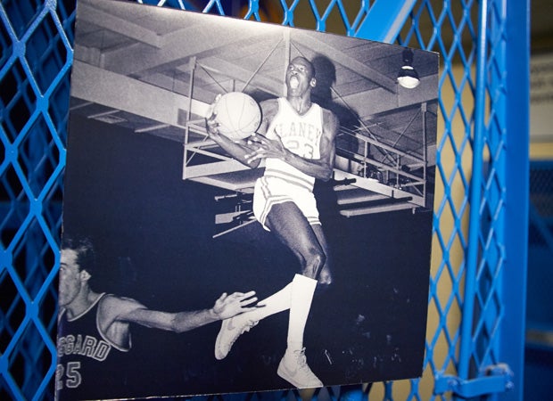 A photo showing Michael Jordan in action during his high school playing days was on display in the locker room.