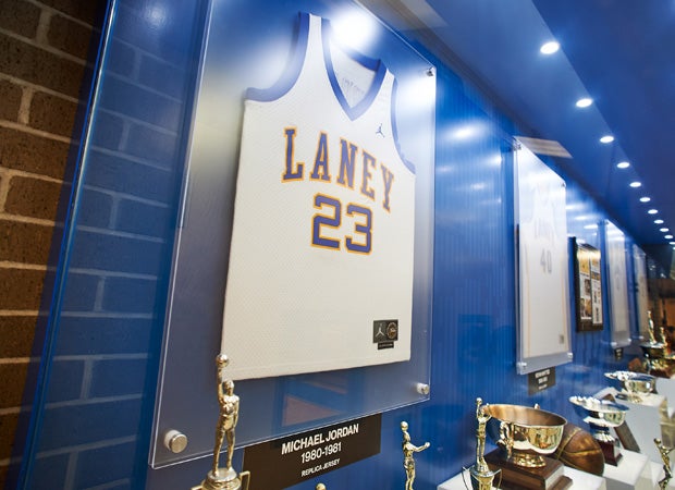 A Michael Jordan high school replica jersey is on display in the front lobby of the gym. 