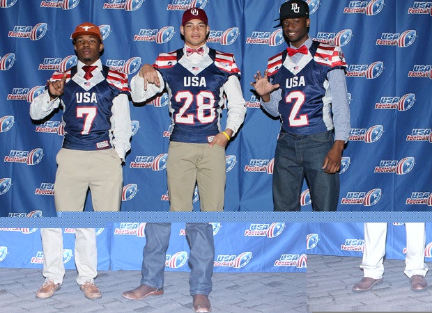 From left to right: Texas signee Ryan Newsome of Aledo (Texas), Oklahoma signee Kahlil Haughton of Midway (Waco, Texas) and Baylor signee  Devontre Stricklin of Midway (Waco, Texas).