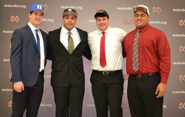 Mater Dei (Santa Ana, Calif.) products Ben Humphreys (Duke), Olive Sagapolu (Wisconsin), Tristan Wallevand (Colorado Mesa) and Rasheed Williams (Idaho State).