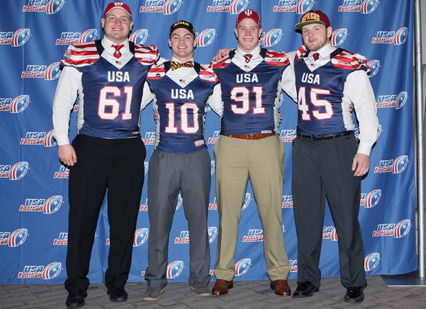 USA Football Signing Day Breakfast from left to right: Wisconsin signee David Moorman of Northville (MI), Iowa signee Ryan Boyl of Dowling Catholic (IA), Indiana signee Jacob Robinson of Westfield (IN), and Minnesota signee Colton Beebe of Piper (KS).