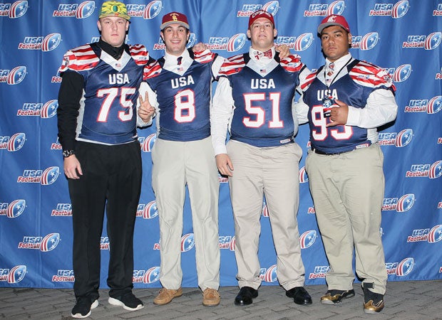 USA Football Signing Day Breakfast from left to right: Oregon signee Drayton Carlberg of DeLaSalle (MN), USC signee Tyler Petite of Campolindo (CA), Washington St. signee Noah Myers of Las Lomas (CA), and Washington St. signee Thomas Toki of St. Francis (Mountain View, CA).
