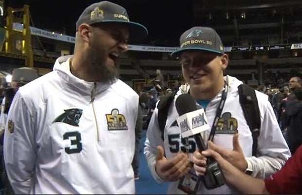 Derek Anderson (left) and David Mayo yuk it up with MaxPreps host Zack Poff Monday during the NFL's "Opening Night," six days before Super Bowl 50.