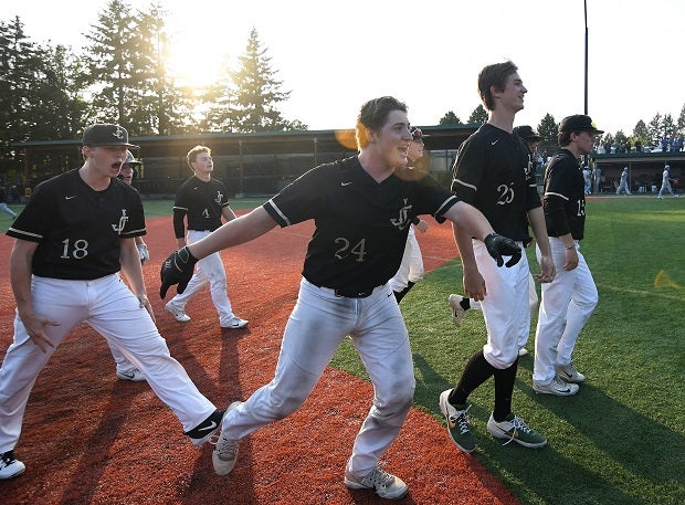 Jesuit players celebrate their Oregon 6A semifinal win.