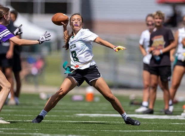 Ariana Akey has throw 32 touchdown passes for Colorado's Mountain Vista. The sixth-ranked Golden Eagles climb 17 spots in this week's Top 25 flag football rankings. (Photo: Tim Bourke)