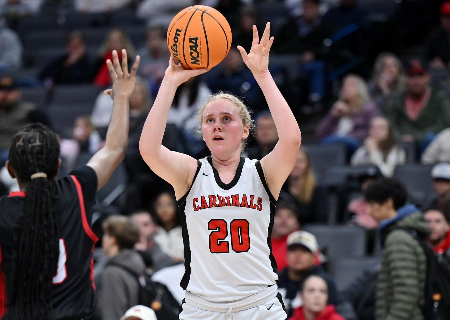 Woodland Christian's Siena Sorbello grabbed 17 of the Cardinals' 50 rebounds on Friday in their Division V victory over Rosamond. (PHOTO: David Steutel)