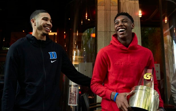 Boston Celtics rookie Jayson Tatum with Gatorade National Player of the Year R.J. Barrett of Montverde Academy.