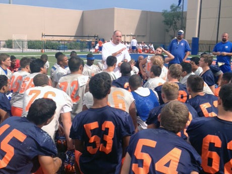 Bishop Gorman football coach Tony Sanchez addresses his team one final time after practice Thursday in preparation for Friday's Sollenberger Classic showdown with Arizona power Mountain Pointe. In a second Sollenberger showdown, Salpointe Catholic (Tucson, Ariz.) takes on Liberty (Henderson, Nev.) at Bishop Gorman on Saturday.