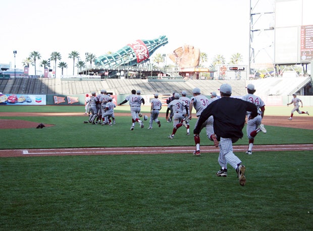 Lowell begins celebrating at AT&T Park, home of the San Francisco Giants, following its 4-3 win over Washington in the San Francisco Section title game Tuesday.