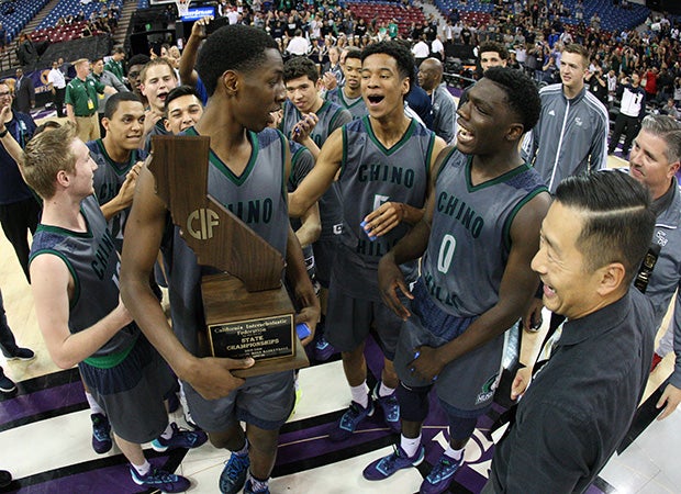 Chino Hills freshman center Onyeka Okongwu gets his moment with the state championship trophy.