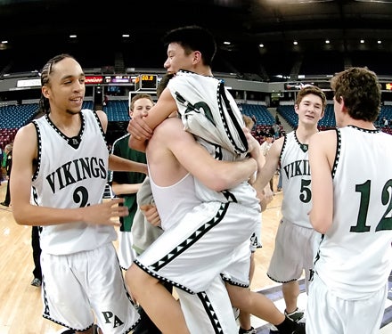 Jeremy Lin celebrates following his last high school game, a title-winning triumph. 