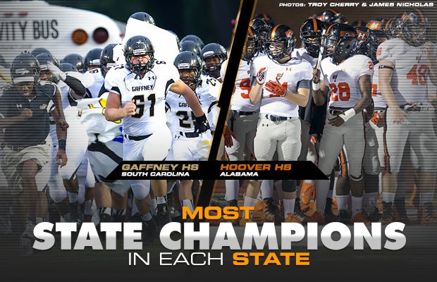 Most high school football state championships in each state - MaxPreps