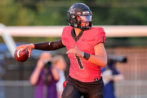 Dylan Raiola in action last fall at Burleson, where he completed 65 percent of his pass attempts and threw just five interceptions in 12 games.