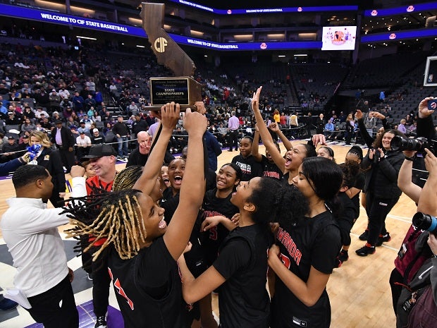 No. 8 Etiwanda celebrates its CIF Open Division girls title after beating No. 8 Archbishop Mitty 69-67 on Jada Sanders' last-second putback. The title was the first for the Eagles. (Photo: David Steutel)