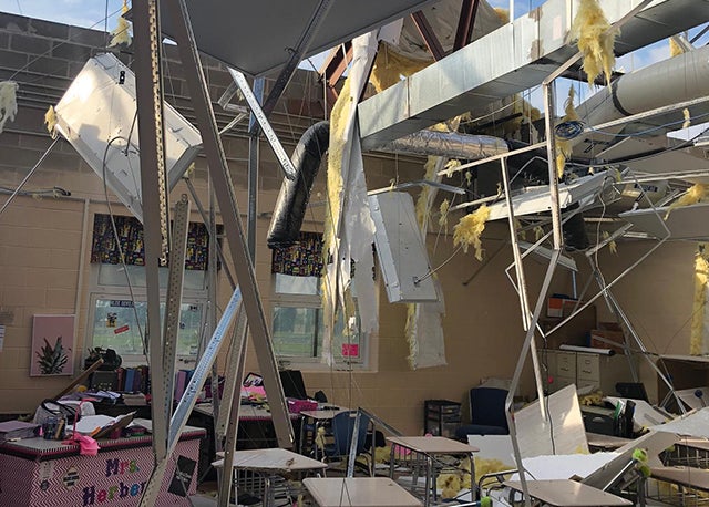 A look at the tornado damage suffered by Brookville High School.
