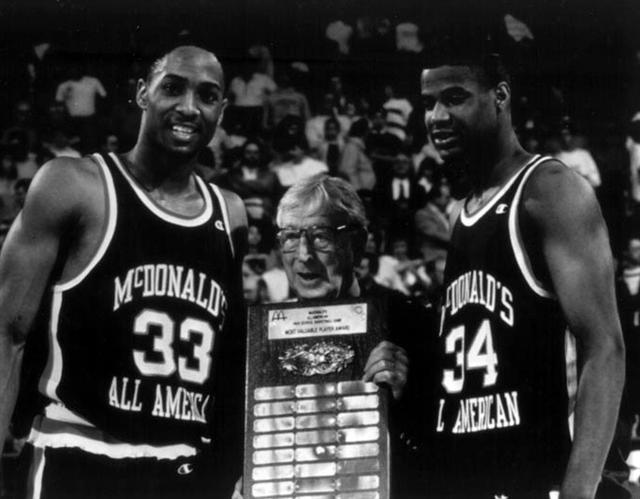 Alonzo Mourning and Billy Owens sandwich John Wooden after sharing MVP honors in Albuquerque. 