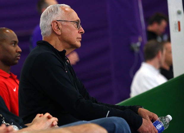 Former NBA coach and current SMU coach Larry Brown looks on during a game on court 6.