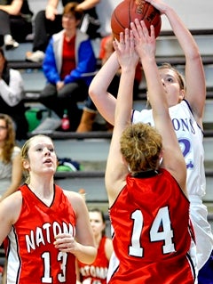 Karlie Steinle of Wilson High shoots asDanica Casey of Natoma High (left) watches.