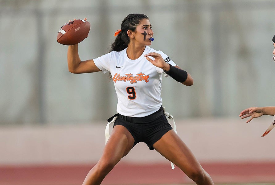 Senior Roxie Shaia has been one of the most prolific passers in the country for Huntington Beach, which will contend for the inaugural MaxPreps Flag Football Showdown Sept. 11-12. (PHOTO: Tim Peck)