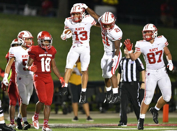 Katy's Jordan Patrick celebrates a 29-yard touchdown catch in the second quarter.